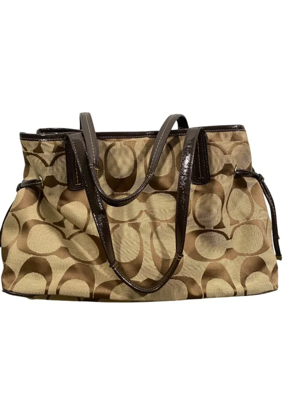 Coach Signature Canvas Tote Bag With Brown Leather Trim & Gold Hardware F21949